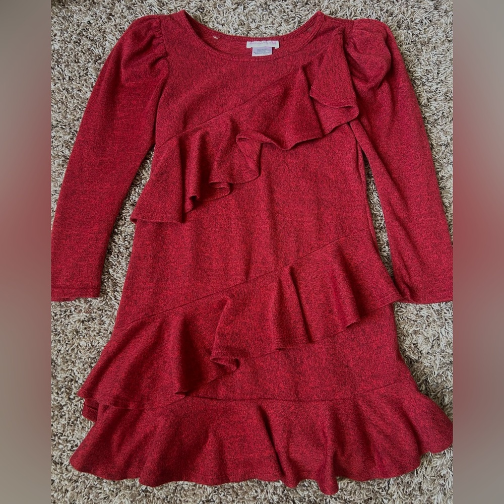 Bonnie Jean Red Asymmetrical Ruffled Long Sleeve Girls Dress | Size 10